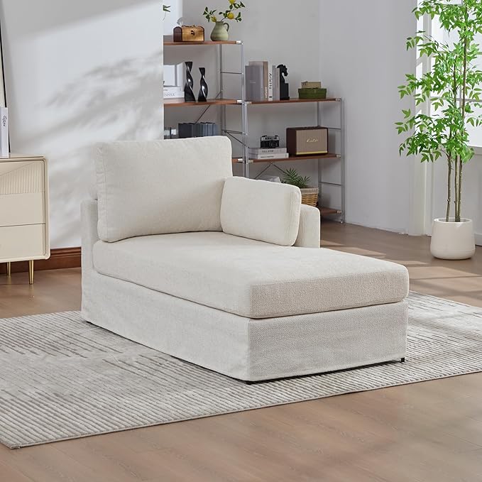 KEIKI 60" Chaise Lounge Chair Indoor, Modern Deep Seat Sofa Bed, Corduroy Couch with Cushions, Single Sleeper Chair for Living Room, Bedroom, Apartments, Ivory (Right Side)
