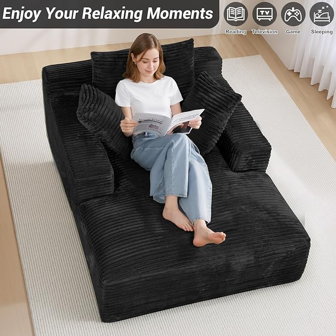 50"W x 68"D Oversized Chaise Lounge Chair Indoor Boneless Reading Chair Plush Corduroy Recliner Large Deep Seat Upholstered Sleeper Comfy Sofa Bed Couch with 3 Pillows for Living Room Bedroom, Black