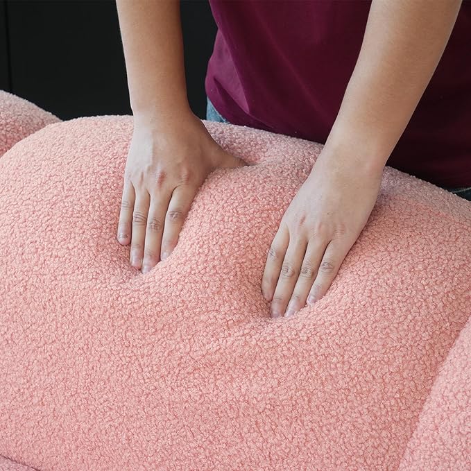 WJShome 90" Boucle Sofa, Modern Curved Upholstered Cloud Couch, Deep Seat LoveSeat 3 Seater Sofa, Cozy Modern Boneless Sherpa Fleece Couches for Living Room, Bedroom, Apartment (Pink)