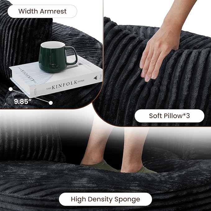 WJShome 50" Round Chaise Lounge Chair Indoor,Oversized Corduroy Upholstered Boneless Couch Deep Seat Sleeper Sofa Bed,No Assembly Required Couches for Living Room/Bedroom/Apartment,Black