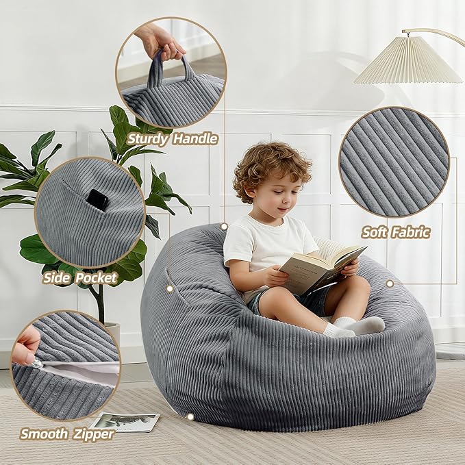 Bean Bag Chair with Corduroy Cover and Memory Foam Filled for Teens and Kids, Small Comfy Fluffy Floor Chair for Living Room Bedroom (Gray, 2.5FT)