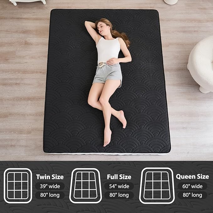Zelladorra Japanese Floor Mattress, Quilted Futon Mattress with Anti-Slip Bottom, Foldable Floor Bed with Storage Bag and Straps, (Black, Full)