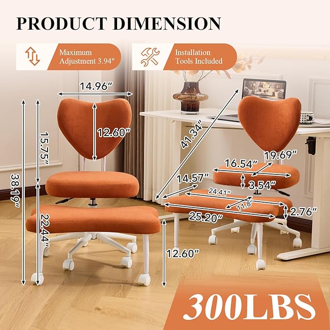 Sudwesto Ergonomic Cross Legged Chair, Corduroy 360° Upholstered Swivel Meditation Chair with Wheels, Comfy Criss Cross Desk Chair for ADHD with Height-Adjustable for Office (Orange - Corduroy)