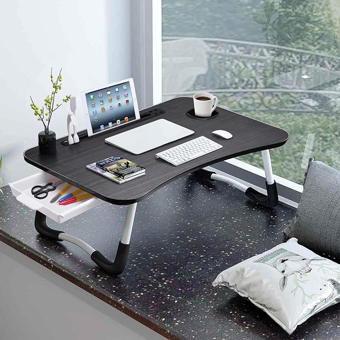 Slendor Lap Desk with Tablet Slot, Foldable Laptop Table with Storage Drawer for Bed，Portable Bed Desk for Laptop, Computer Tray with Cup Holder Notebook Stand Reading Holder for Couch Floor, Black