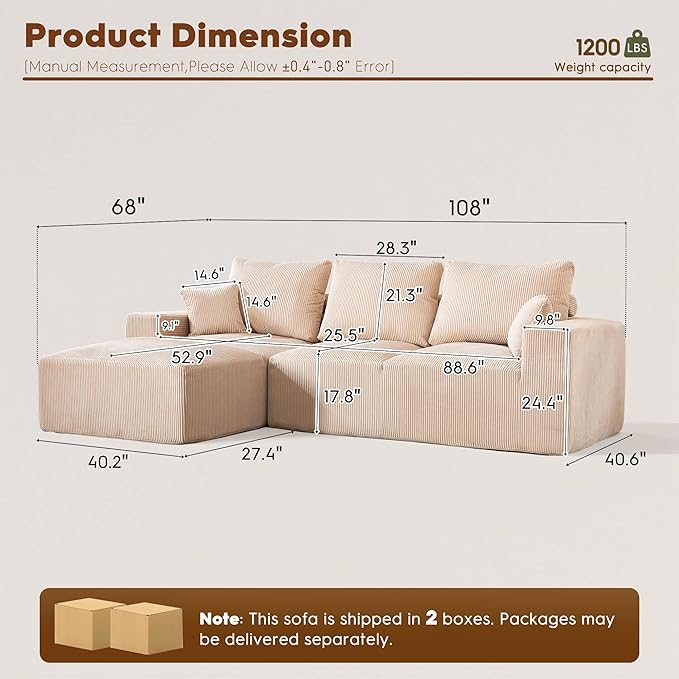 WESTSETLUX 108” Cloud Sectional Sofa Couch with High-Seat, Corduroy Modular Sofa with Oversized Chaise, High-Back Modern L-Shaped Couches for Living Room, No Assembly Required (Oatmeal)