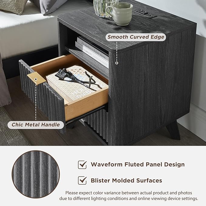 T4TREAM Fluted Nightstand Set of 2 with Charging Station, 18" Modern Side Table, 2 Drawers End Table with Storage, Bedside for Bedroom, Living Room, Curved Profile Design, Dark Alder
