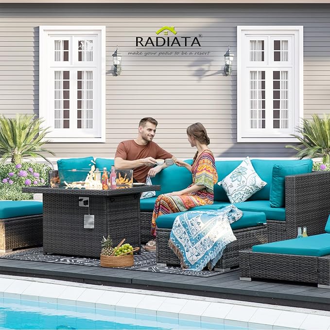 RADIATA 7 Piece Wicker Patio Furniture Set with Fire Pit, All-Weather Outdoor Sectional Couch High Back Large Size, Modular Backyard Seating Sofa Set with Propane/Natural Gas Firepit Table, Grey&Teal