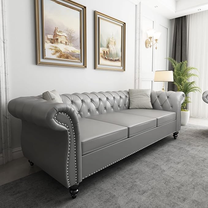 QHITTY Accent Large Sofa, Chesterfield Couch 3 Seater Modern Leather Couch Upholstered Sofa with Tufted Back for Living Room Furniture (Grey)