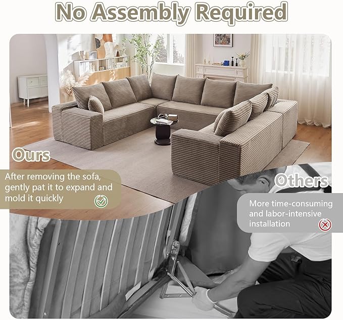 Sectional Cloud Couch for Living Room, Big Comfy Corduroy Couches Set with Fluffy Memory Foam, Modular Floor Deep-Seat Sofa, Stupendous U Shaped Sofas with 12 Pillows, No Assembly Required, Camel
