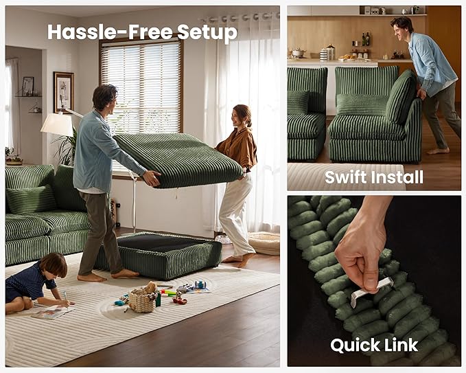 Oversized Modular Sofa, Extra Deep Cloud Corduroy Sectional Couch with Ottoman Chaise, Fluffy Chenille Loveseat L Sofa for Living Room, Villa (Loveseat+Ottoman, Corduroy Green)
