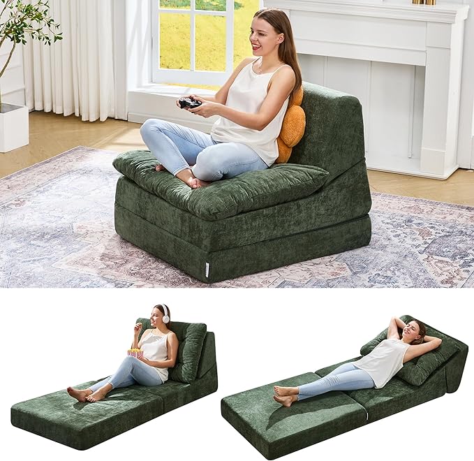 Hobestluk Sofa Couch Folding Sofa Bed Comfy Floor Lounger Convertible Sofa with Removable Cushion Couches for Small Spaces Foldable Mattress for Living Room Bedroom or Office (Chenille Green, Large)