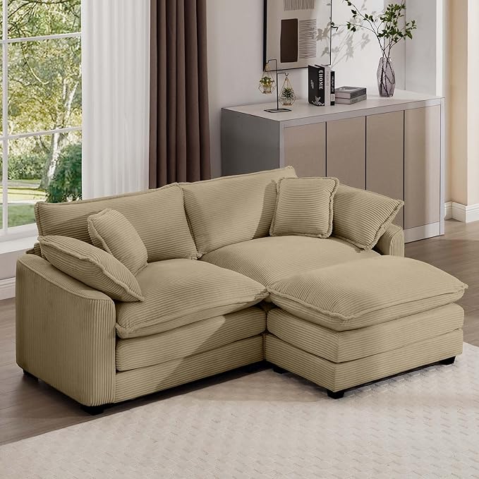 Aoowow Corduroy Loveseat Couch with Ottoman,Modern 2 Seater Cloud Couches for Living Room,Modular Sectional Cloud Sofas Deep Seat,Oversized L-Shaped Couch for Small Spaces (Tan, 2 Seater + 1 Ottoman)