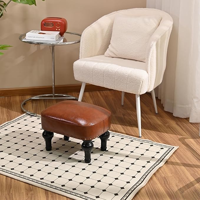 DSGAMER Leather Ottoman Footrest,Rustic Foot Stools Seat,Wood Footstool,Rectangle Footrest Small Ottoman for Bedroom,Living Room,Office,Entrance Hall (Brown)