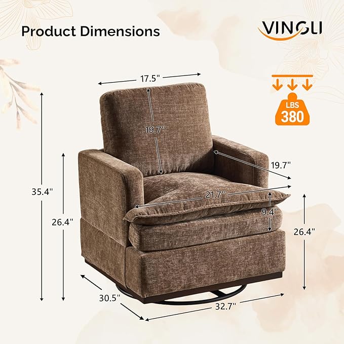 VINGLI Mid-Century Modern Single Swivel Armchair, 360° Swivel, Double-Layer Seat Cushions, Upholstered Square Club Chair for Living Room, Bedroom, Reading Room, Khaki Chenille