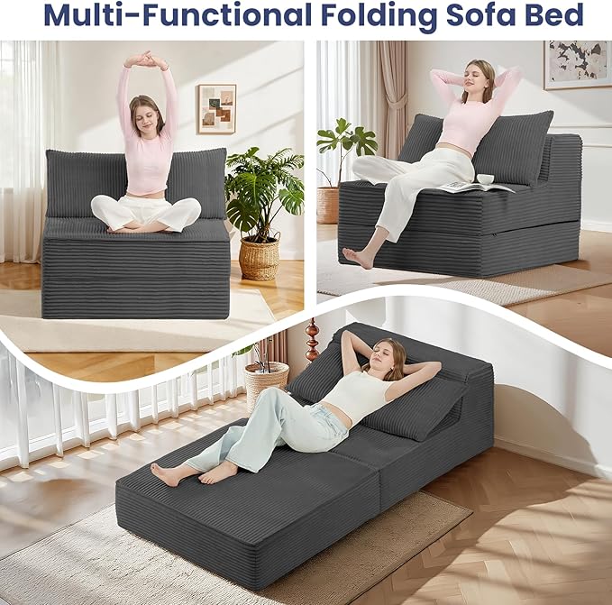 Convertible Sofa Bed, Fold Out Chair with Pillow, Versatile Floor Couch with Back Support, Portable Chair Bed Comfy Floor Lounge Sofa for Living Room Bedroom Guest Room, Grey