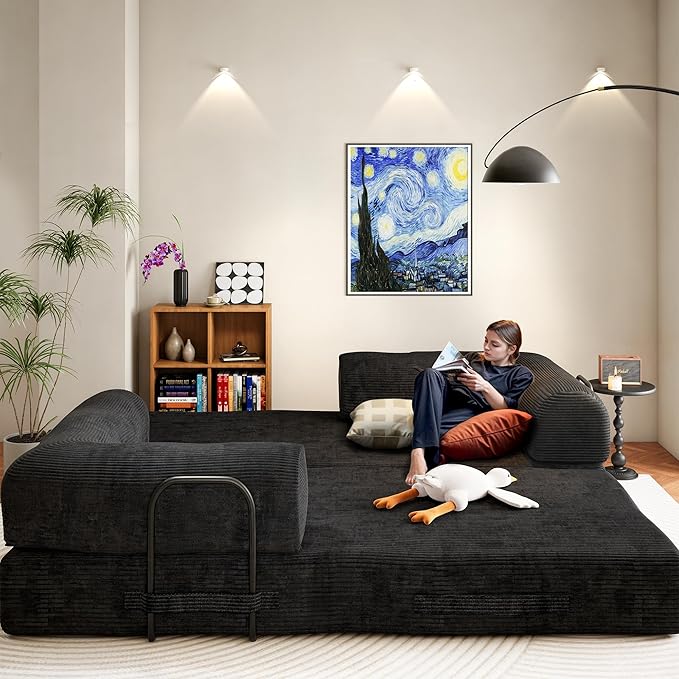 79" Convertible Sofa Bed, Boneless Corduroy Sleeper Foldable Modular Couch, Memory Foam Compressed Sofa in A Box, Folding Mattress Floor Couch for Small Space Living Room Apartment Bedroom, Black