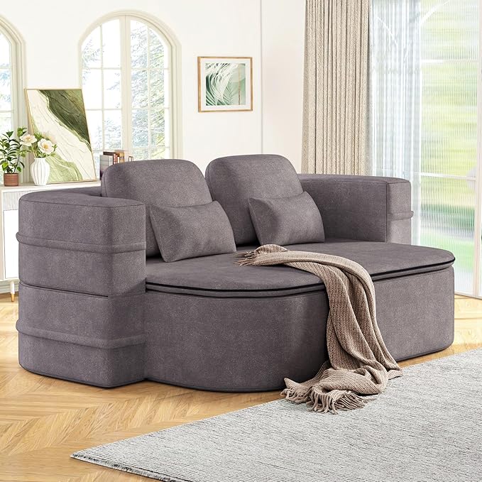 Antetek Convertible Sleeper Sofa, Modern Folding Futon Chenille Floor Foam Compression Loveseat Sofa Bed Couch, Foldable Full Size Guest Bed with 4 Pillows for Living Room Bedroom Apartment, Grey