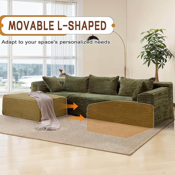 Korser 110" Sectional Couches for Living Room, Modular Sectional Sofa with L-Shape Chaise, Cloud Couch, Comfy Corduroy Fluffy Couch with Deep Seat and Side Pockets