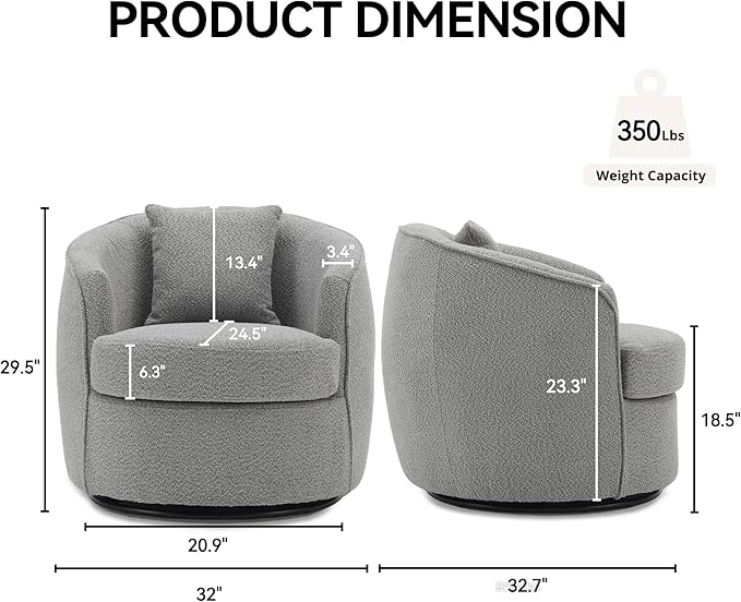 FaFaSoGoodFa Swivel Accent Chair, Modern Upholstered Boucle Barrel Arm Chairs with Pillow for Living Room, 360 Degree Round Swivel Sherpa Armchair with Round Base for Bedroom Club (1, Grey)