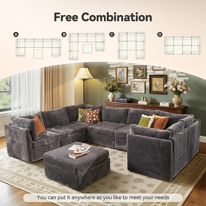 CAODOC Large 8 Seat Modular Sectional Sofa with Ottoman Seat Corduroy Sleeper Sectional Sofa Bed Oversized Convertible Modular Couch for Living Room
