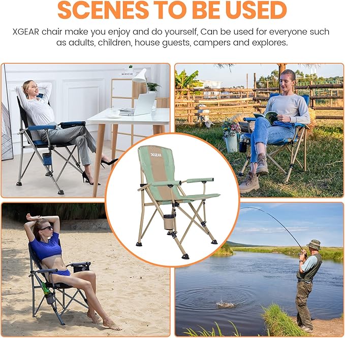 XGEAR Camping Chair Hard Arm High Back Lawn Chair Heavy Duty with Cup Holder, for Camp, Fishing, Hiking, Outdoor, Carry Bag Included
