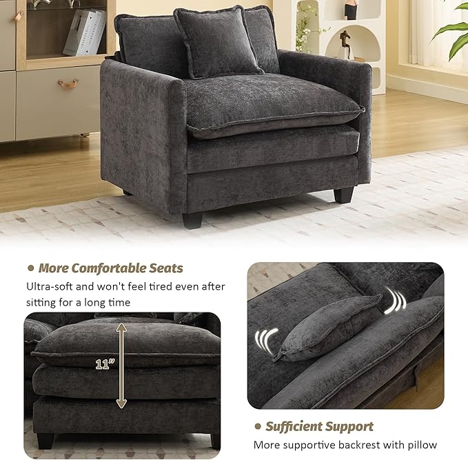WUTUTUEE 41'' Modern Chenille Oversized Chair, Upholstered Accent Living Room Chair with Extra Thicked Deep Seat, Single Lounge Chair for Bedroom, Small Apartment, Dark Grey