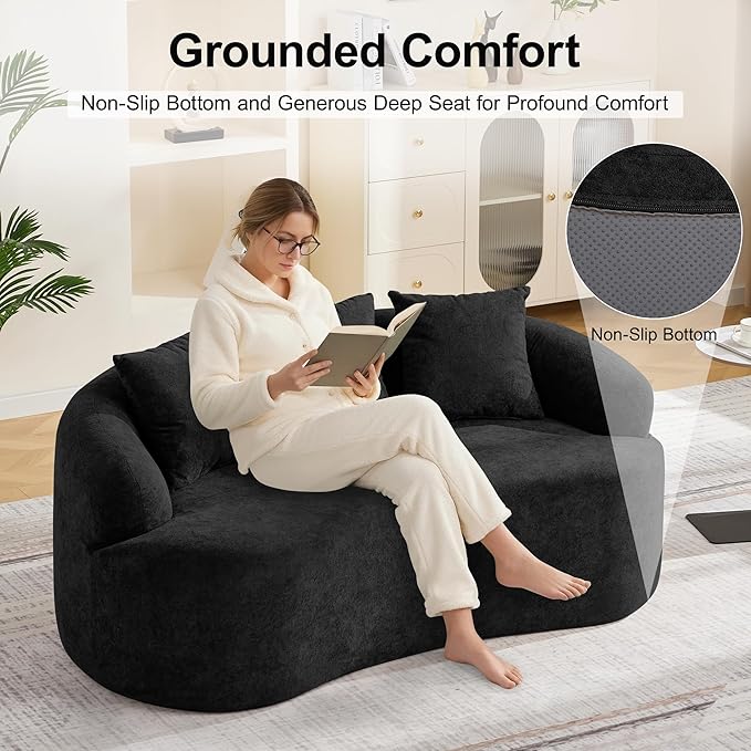 Abbrevi 65" Curved Loveseat Sofa, Deep Seat Love Seat Couches with 3 Throw Pillows, Modern 2 Seater Boneless Curved Couch, Compressed Floor Sofa for Living Room Small Spaces, No Assembly, Black