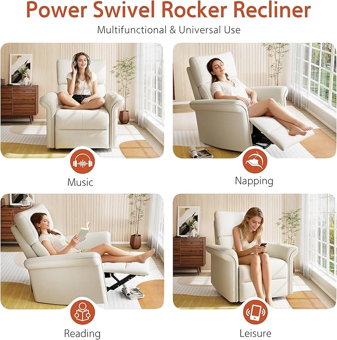 QKFF Power Swivel Rocker Recliner Chair for Nursery, Upholstered Snowflake Velvet 270°Swivel Glider Rocker Chair with USB Ports, Small Power Recliners for Small Spaces Living Room