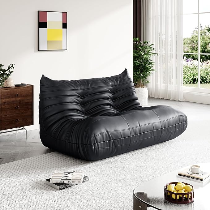 Fireside Corner Bean Bag Chairs for Adults,Comfy Lazy Floor Sofa Couch, Soft Lounge Foam-Filled Couches Loveseat Chair for Living Room Bedroom Office,Black
