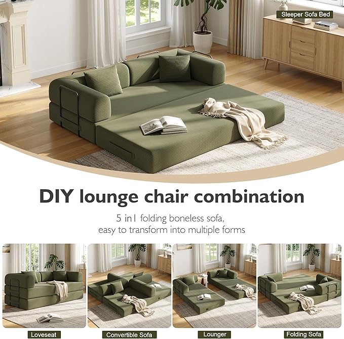 79 Inch 5-in-1 Convertible Sofa Bed, Corduroy Boneless Floor Couch with Fixed Frame & Pillow, Modular Folding Mattress Lounger for Small Space, Living Room, Bedroom - Easy Assembly(LIGHT GREEN)