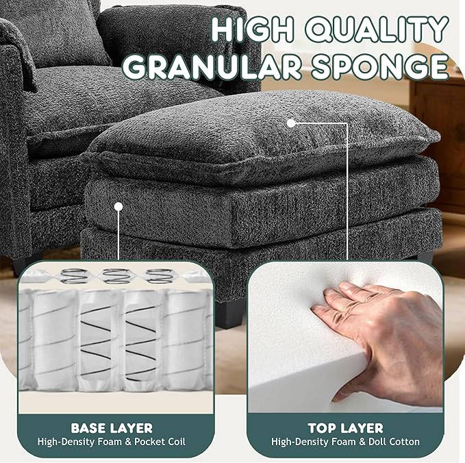 KEIKI Boucle Oversized Reading Chair with Storage & Ottoman, 40" W Modern Accent Chair W/Double Deep Cushion Seating, Comfy Upholstered Single Sofa Lounge Armchair for Living Room, Bedroom, Drak Grey