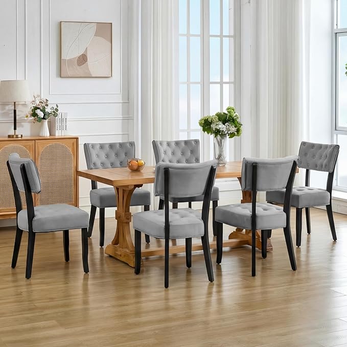 UVV Upholstered Dining Chairs Set of 2, Mid Century Modern Tufted Kitchen Chairs Dining Room Chairs, Velvet Dinner Chair with Wood Legs for Dining Room Kitchen, Light Grey-Black Legs