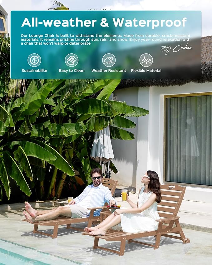 Outdoor Lounge Chair Set of 4, All Weather Patio Chaise Lounge Chairs for Outside, HDPE Chair with Rolling Wheels & Cup Holder, 5 Position, Deck, Pool, Brown