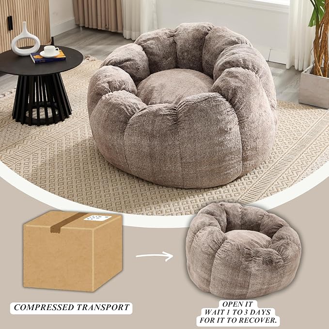 LukeAlon Faux Fur Bean Bag Chair with Filler & Petal Armrest - 44" Extra Large Fluffy Floor Sofa Chair for Adults - Soft Comfy Lounge Chair for Bedroom, Living Room, Game Room (Brown)