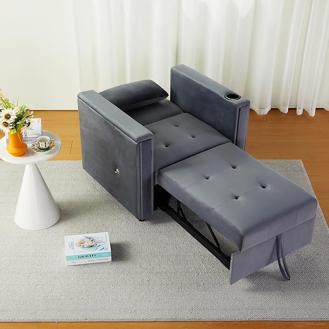 ORRD Convertible Chair Bed, 3-in-1 Multi-Functional Velvet Sleeper Sofa Pull-Out Couch Chair Bed with Adjustable Backrest and Hidden Side Table for Living Room, Small Space, Apartment (Grey)