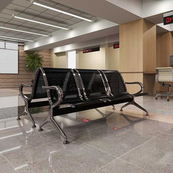 Kinfant 3-Seat Waiting Room Chair Set- 2 Pieces Office Guest Reception Seats Waiting Room Bench with Armrest for Airport, Hospital, Bank, Salon, Barbershop, Hall(Black Mesh)