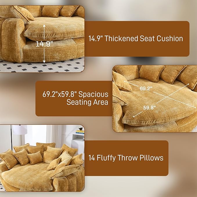 81" Oversized Bean Bag Chair Boneless Round Chaise Lounge Comfy Chenille Reading Chair Fluffy Plush Sofa Bed Large Deep Seat Circle Cloud Couch for Living Room, Bedroom, Apartment, Yellow