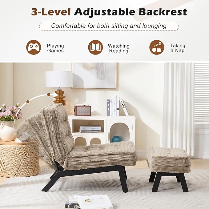 ANJ Accent Chair with Ottoman Adjustable Backrest, Living Room Chair Tufted Upholstered Lounge Chair with Footrest Set, Modern Chair Cozy Reclining Chair for Reading Room Bedroom