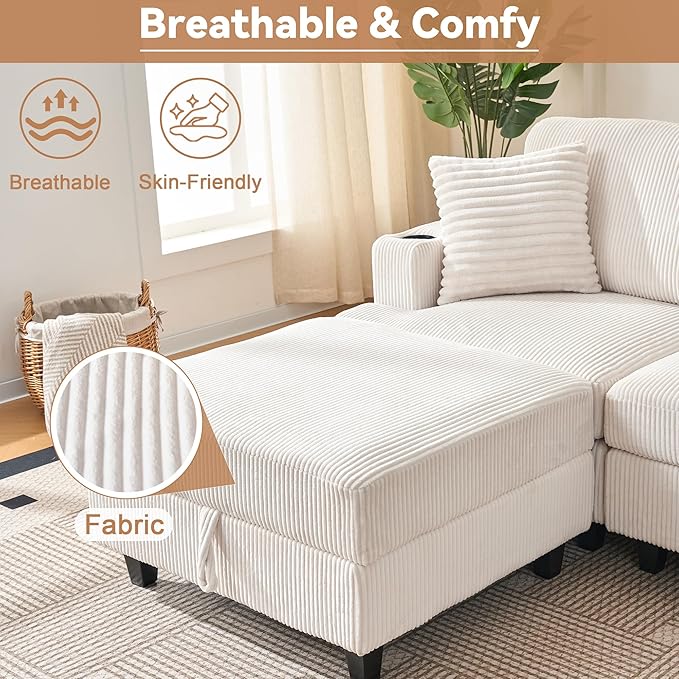 120" U Shaped Modular Sectional Sleeper Sofa, Soft Corduroy Sectional with Armrests, 2 Cup Holders & 2 USB Ports, 21" Deep Seat Cloud Couch for Living Room, Bedroom Office (White, 4 Seat + 2 Ottoman)
