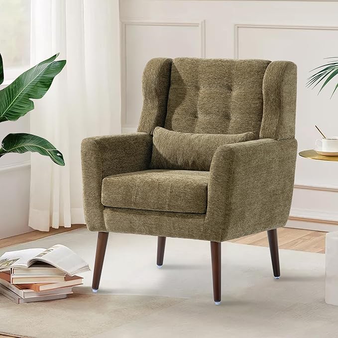 CHSICFOR Modern Accent Chair, Upholstered Arm Chair with Waist Pillow, Single Sofa Chair for Living Room Bedroom Small Spaces (Olive)