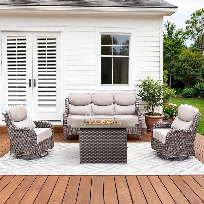 Pugire Luxury High Back Patio Furniture Set with Fire Pit Table, 4-Pieces Outdoor Furniture with 6" Thick Cushions Swivel Chairs, Wicker Conversation Set for Porch, Balcony, Deck and Yard, Brown/Beige