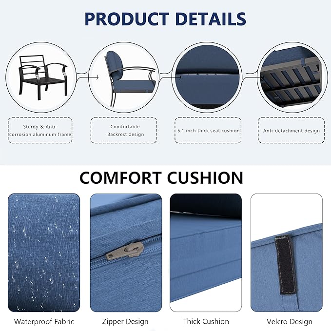 RTDTD Aluminum Outdoor Patio Furniture Set,4 Pieces 5 Seats Patio Conversation Sets with 45" Propane Fire Pit Table,Metal Patio Sectional Furniture Set with 2 Swivel Rocking Chairs,Navy Blue