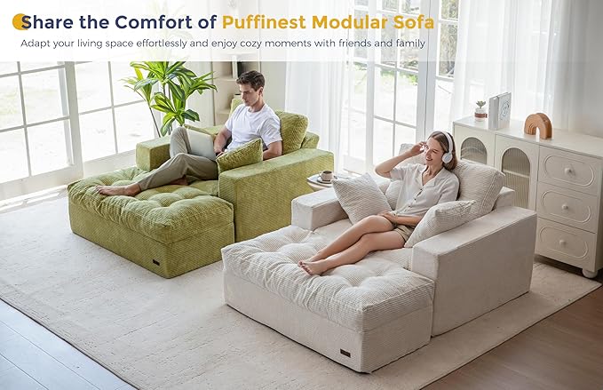 MAXYOYO Oversized Chaise Lounge Sofa, Upholstered Lounge Chair with 3 Pillows, Tufted Boneless Sofa Couch with Ottoman, Deep Seat Sleeper Chair for Living Room, Bedroom, No Assembly, Beige