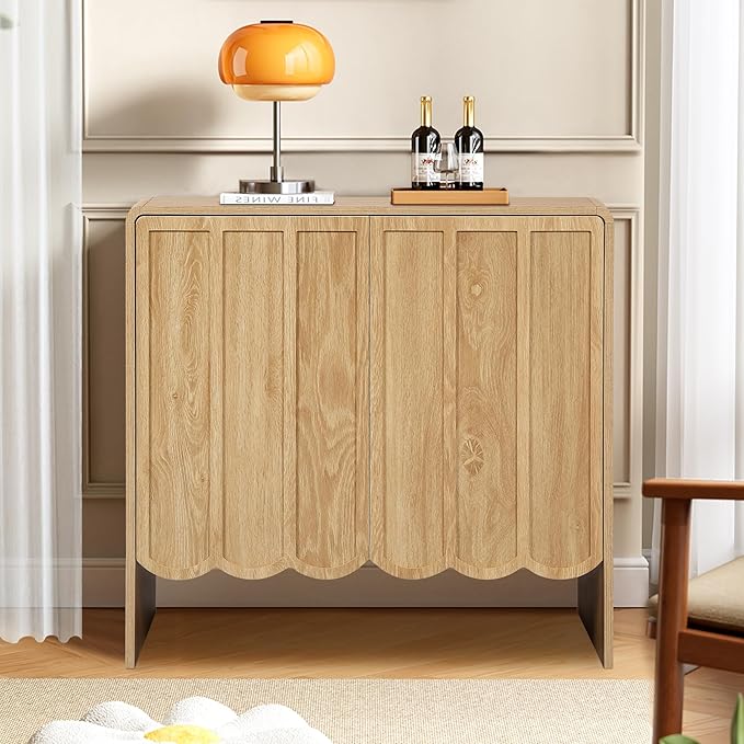 ORRD Accent Sideboard Buffet Cabinet, Storage Cabinets with 2 Doors, Farmhouse Wood Cabinet with Adjustable Shelves and Wave Panel for Living Room, Dining Room, Entry - Natural