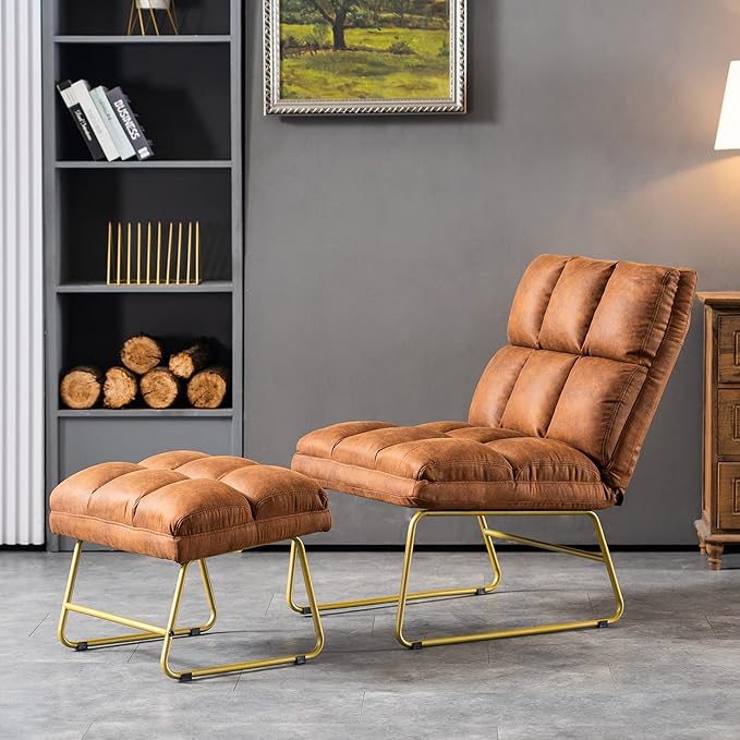 MCombo Accent Chair with Ottoman Set, Modern Armless Chair for Living Room, Bedroom, Small Space 4013 (Heat-Stamped Fabric, Saddle)