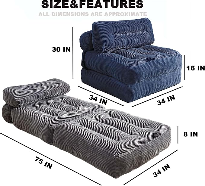 Kisoy Folding Sofa Bed, Convertible Sleeper Chair Couch Bed Faux Rabbit Fur for Adults, with Back Support Floor Couch Comfy Floor Sofa for Living Room Bedroom, Blue, Single