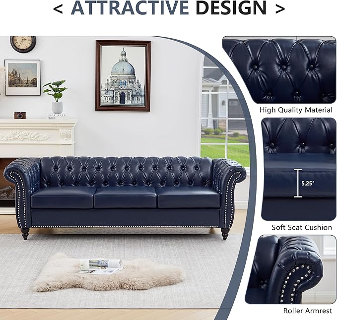 QHITTY Accent Large Sofa, Chesterfield Couch 3 Seater Modern Leather Couch Upholstered Sofa with Tufted Back for Living Room Furniture (Blue)