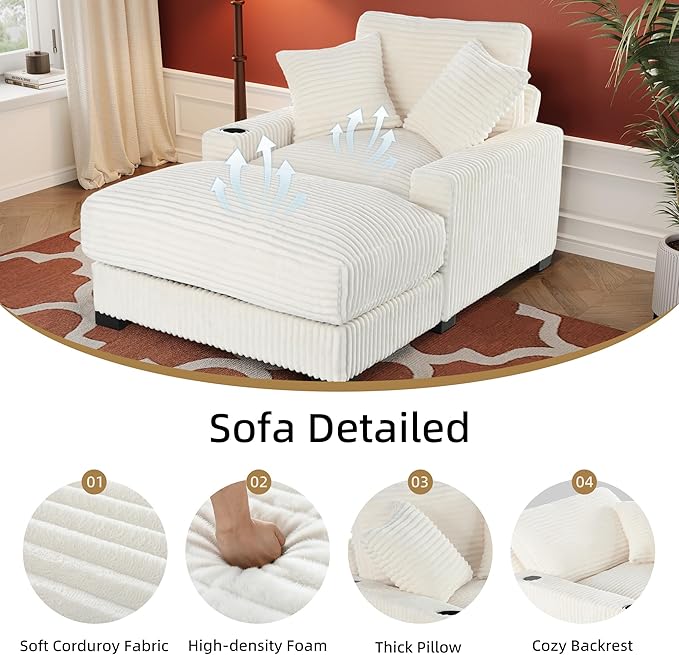 Oversized 60" Chaise Lounge Chair with Adjustable Backrest, Solid Wood Frame Corduroy Upholstery, Cup Holder USB & Type-C Port, 2 Pillows Sleeper Couch Deep Seat for Living Room, Bedroom, White