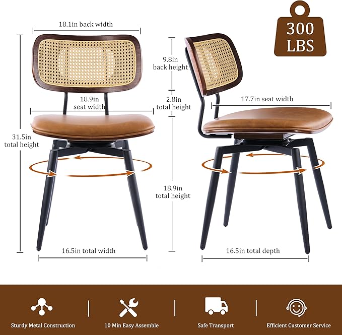 Quenvo Swivel Dining Chairs with Rattan Back, Modern Brown Leather Dining Chairs Set of 6, Swivel Dining Room Chairs Kitchen Side Chairs with Metal Legs and Upholstered Seat for Kitchen & Restaurant