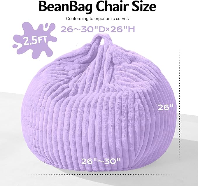 Homguava 2FT Bean Bag Chair, 2' Small Bean Bags with Memory Foam Filled, Beanbag Chairs with Machine Washable Cover Dutch Corded Plush Cover for Classroom,Living Room,Bedroom-Purple